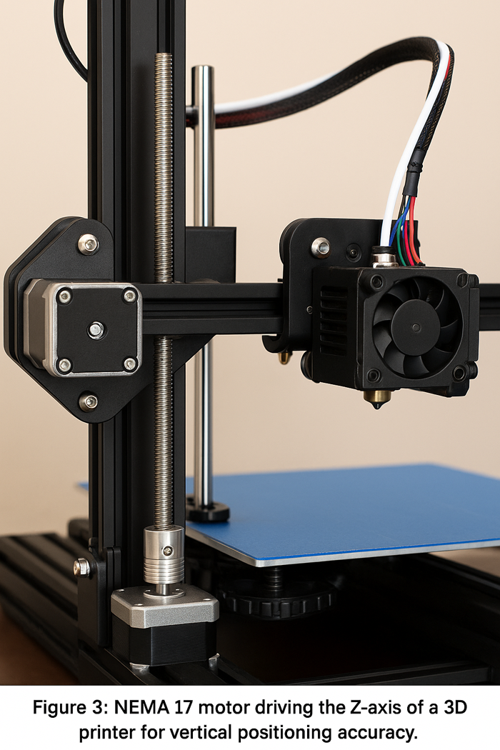 NEMA 17 stepper motor driving the Z-axis of a 3D printer